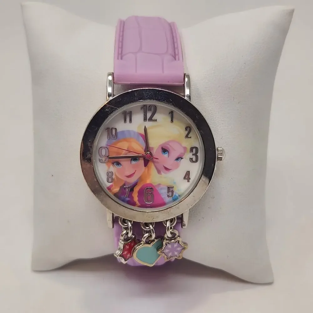 Disney Frozen Charm Watch Purple Silicone Band Heart Snowflake Charms Works